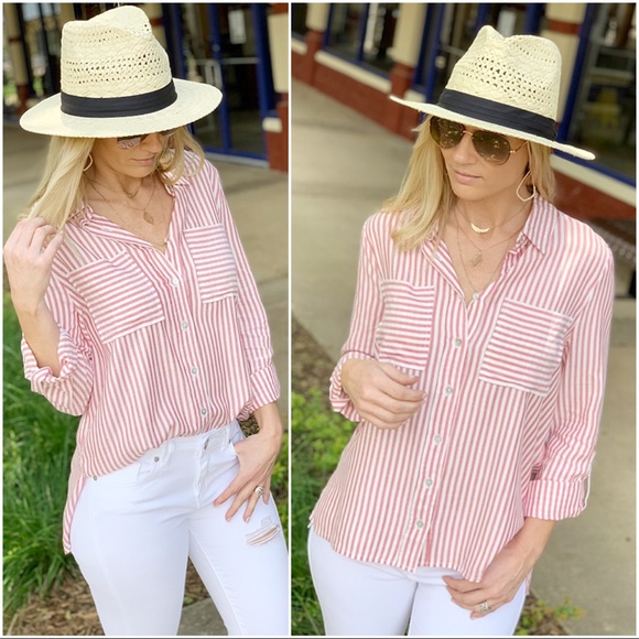 ✨LAST ONE✨Red striped roll tab sleeve button up - Picture 3 of 8